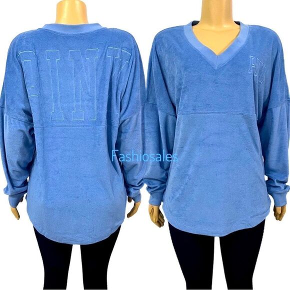 Victoria’s Secret Pink Varsity Terry Cloth V Neck Oversized Pullover - Picture 2 of 10